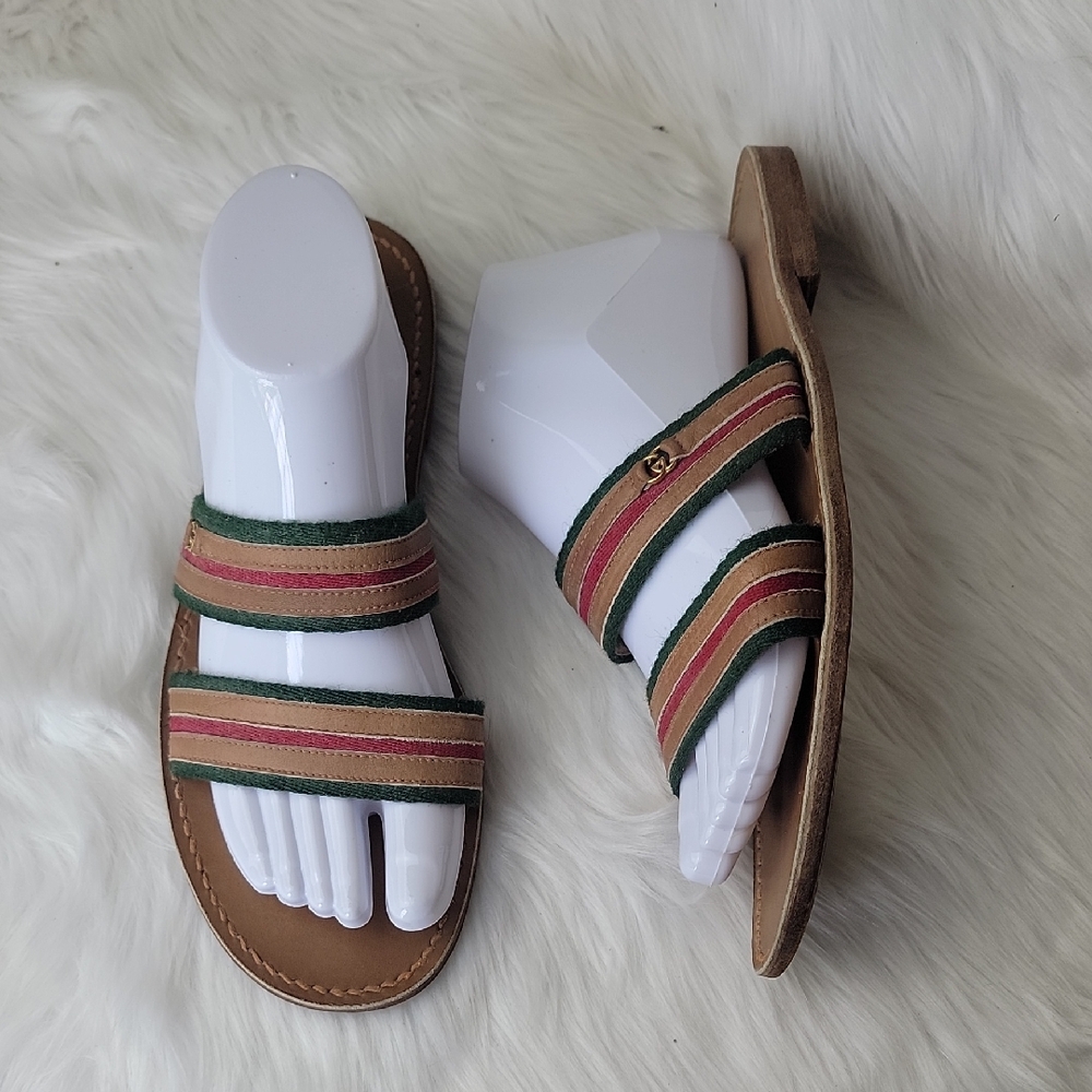 GUCCI Signature Green Red Canvas Stripe Tan Leather Double Strap Slip On Sandal